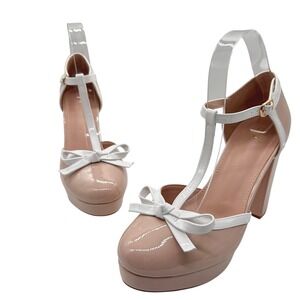 New Allegra K Platform Heels Womens 9 Tan T Strap‎ Bow Lolita Block Chunky